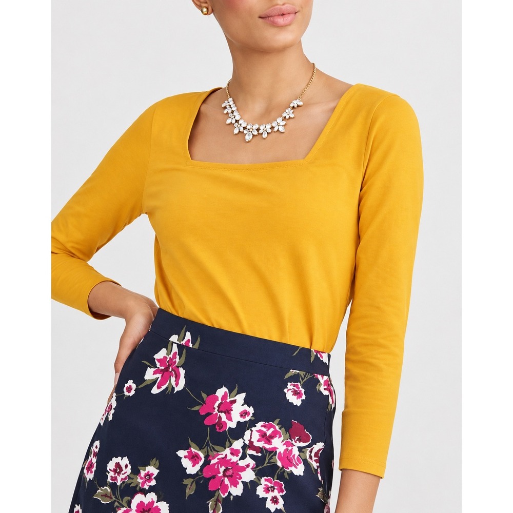 J.Crew Factory Square Neck Tee S Golden Straw Mustard Yellow 3/4 Sleeve